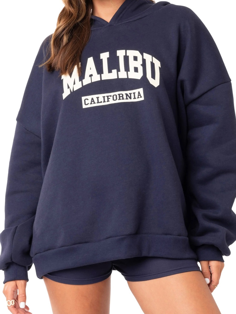Edikted Navy Hoodie with White Malibu California Print